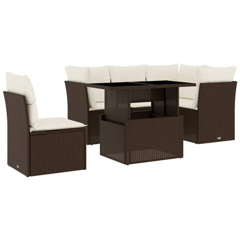 Set Divano da Giardino 6 pz con Cuscini Marrone in Polyrattan - Foto 1