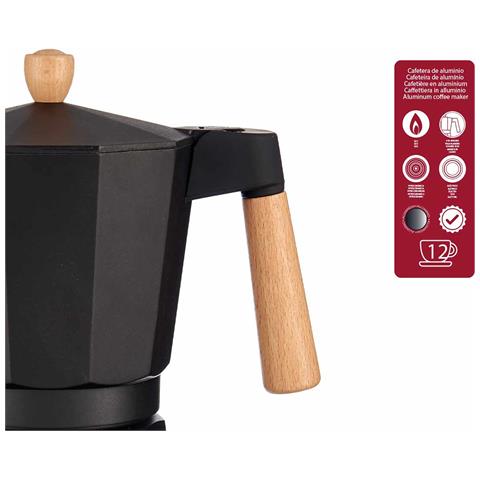 Dam Caffettiera  In Alluminio 12 Tazze Manico Legno Nero 13x20,3x24,5 Cm. Colore Nero - Foto 2