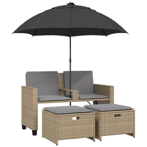 Divano Giardino 2Posti Ombrellone e Sgabelli Beige Polyrattan - Foto 1