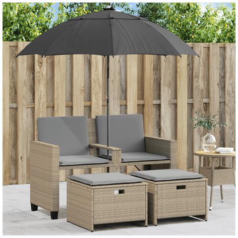 Divano Giardino 2Posti Ombrellone e Sgabelli Beige Polyrattan - Foto 2