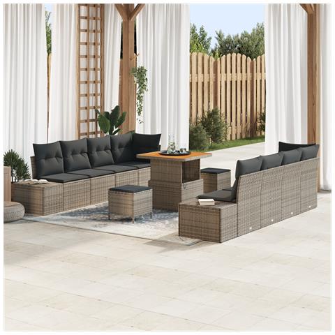 Set divani giardino 11 pezzi con cuscini grigi in polyrattan e acacia,  Divano giardino 2 posti con spazio stoccaggio e cuscini grigi in polyrattan,  Set pranzo giardino 3 pezzi con cuscini grigi in polyrattan e acacia - Foto 2