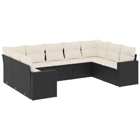 Set Divani da Giardino 9 pz con Cuscini Nero in Polyrattan - Foto 1