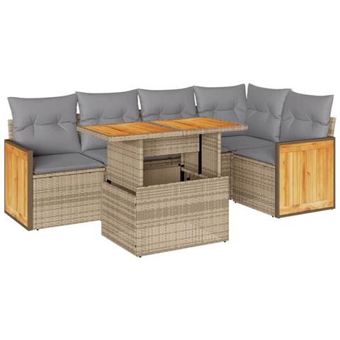Set Divano da Giardino 6 pz con Cuscini Beige Polyrattan Acacia - Foto 1