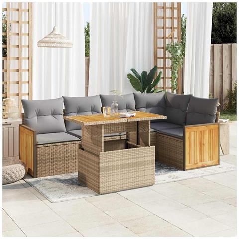 Set Divano da Giardino 6 pz con Cuscini Beige Polyrattan Acacia - Foto 2
