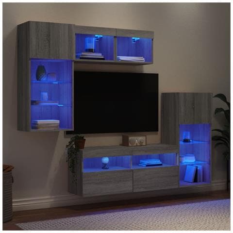 Mobili TV a Muro con LED 5pz Grigio Sonoma in Legno Multistrato - Foto 2