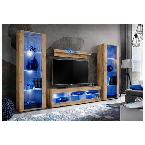 Komodee, Set di mobili porta TV Tivoli Grande RTV, Wotan, LED Blu, Larghezza 250 cm x Altezza 159 cm x Profondità 35 cm, Per soggiorno, Camera da letto - Foto 2