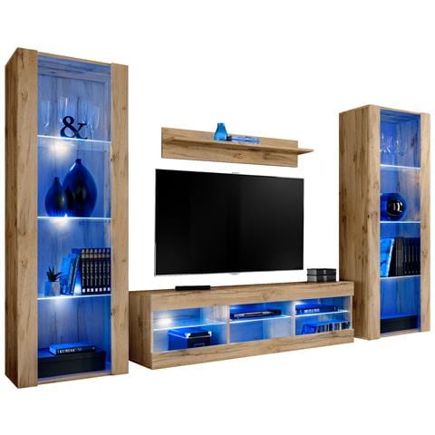 Komodee, Set di mobili porta TV Tivoli Grande RTV, Wotan, LED Blu, Larghezza 250 cm x Altezza 159 cm x Profondità 35 cm, Per soggiorno, Camera da letto - Foto 1