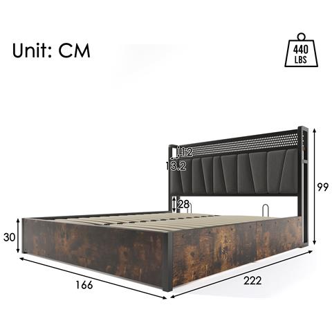 Letto Matrimoniale In Metallo Con Testiera Led E Porte Usb, Design Contemporaneo - Foto 2