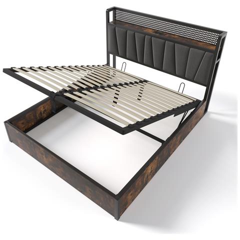 Letto Matrimoniale In Metallo Con Testiera Led E Porte Usb, Design Contemporaneo - Foto 3