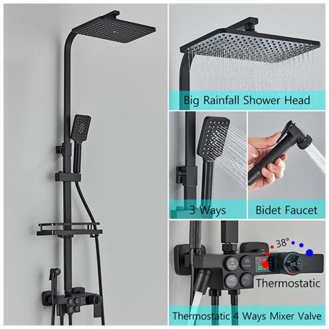 Colonna doccia, Blackswan, tipo M137, modello nero regolabile, con termostato, bocca girevole, doccia ad alta pressione e display digitale, misura 110 cm - Foto 2