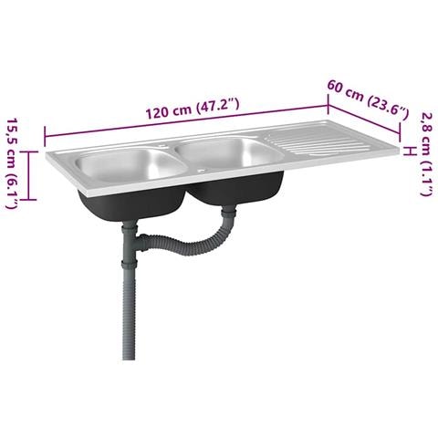 Lavello da Cucina Doppia Vasca Argento 1200x600x155 mm Acciaio - Foto 10
