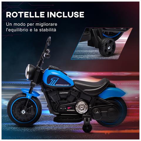 Moto Elettrica Per Bambini 18-36 Mesi In Pp E Metallo Con Rotelle E Fanale, 76x42x57 Cm, Blu E Nero - Foto 2