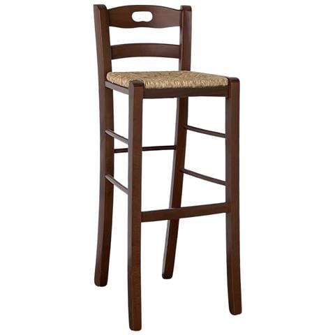 Sgabello Da Bar In Legno Noce Scuro H 80 Cm Con Manico E Seduta In Paglia - Foto 1