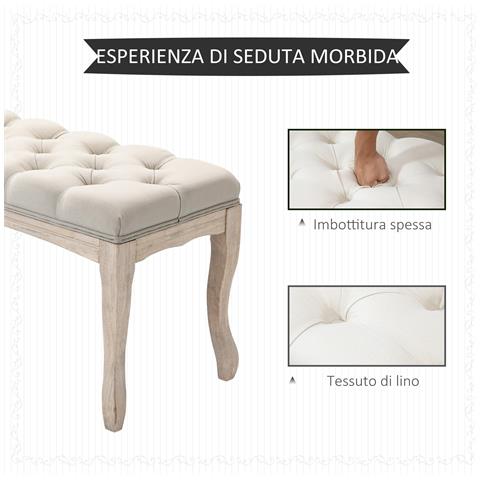 Panca Fondoletto Vintage con Seduta Imbottita in Tessuto e Gambe in Legno, 110x40x48cm, Beige - Foto 2