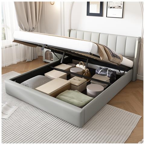 Letto Contenitore  140 X 200 Cm, Letto Idraulico, Con Illuminazione A Led, Con Vano Contenitore, Testata Regolabile, Pu, Bianco - Foto 1