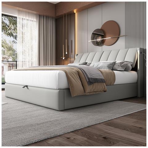 Letto Contenitore  140 X 200 Cm, Letto Idraulico, Con Illuminazione A Led, Con Vano Contenitore, Testata Regolabile, Pu, Bianco - Foto 2