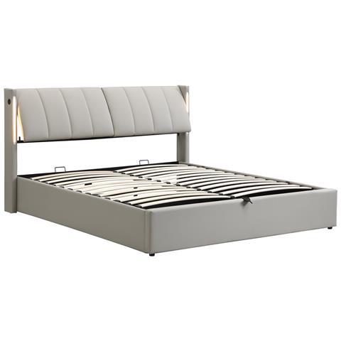 Letto Contenitore  140 X 200 Cm, Letto Idraulico, Con Illuminazione A Led, Con Vano Contenitore, Testata Regolabile, Pu, Bianco - Foto 4