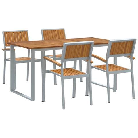 Set da Pranzo da Giardino 5 Pezzi Grigio in Acciaio e Legno Massello di Acacia - Foto 1