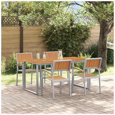 Set da Pranzo da Giardino 5 Pezzi Grigio in Acciaio e Legno Massello di Acacia - Foto 2