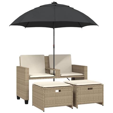 Divano Giardino 2Posti Ombrellone e Sgabelli Beige Polyrattan - Foto 1