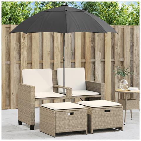 Divano Giardino 2Posti Ombrellone e Sgabelli Beige Polyrattan - Foto 2