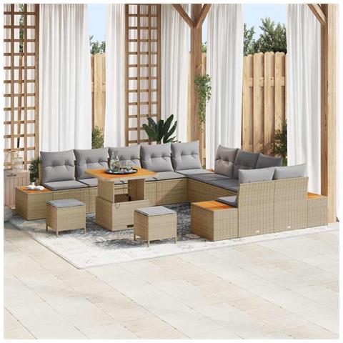 Set di Divani da Giardino 13 Pezzi con Cuscini Beige Rattan Poliestere, Set di Mobili da Giardino 3 Pezzi con Cuscini Beige Rattan Poliestere - Foto 2