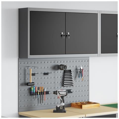 Set di armadietti e pannello attrezzi da parete in metallo nero a 3 pezzi - Foto 2