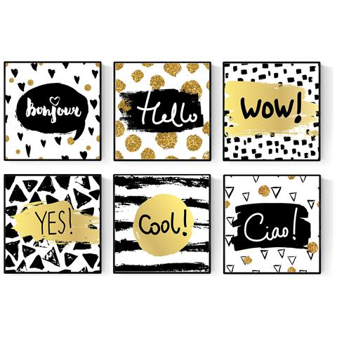 Set Di 6 Stampe Foglie Timbrate Saluti Ciao, Ciao, Bonjour, Wow 30x30 30x30 Cornice Nera - Foto 1