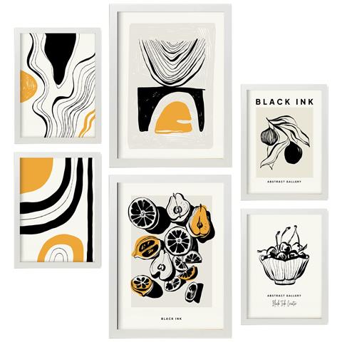 Set Di 6 Stampe Artistiche E Astratte Di Frutta Con Inchiostro Nero Per L'interior Design A3 & A4 Cornice Bianca - Foto 1
