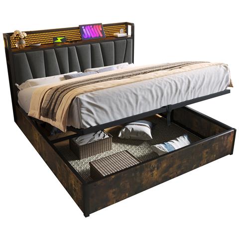 Letto Matrimoniale In Metallo Grigio Con Testiera Led E Porte Usb - Foto 1