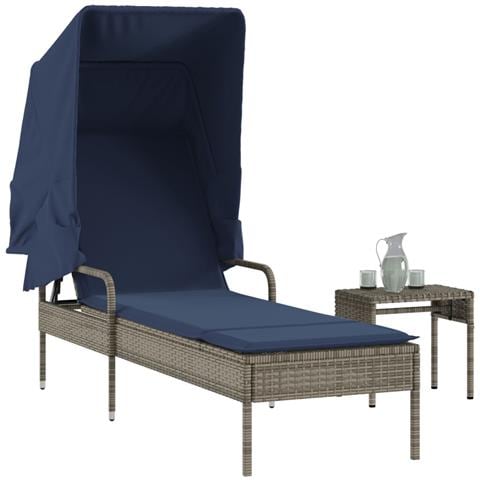 Lettino prendisole con tettuccio e Tavolino in Polyrattan Grigio - Foto 2