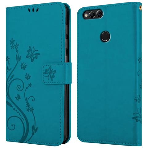 Custodia Compatibile Con Honor 7x In Blu Fiore - Coperchio Protettivo In Design Floreale Con Chiusura Magnetica, Funzione Stand E Slot Per Carte - Foto 8