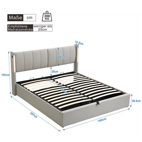 Letto Contenitore  160 X 200 Cm, Letto Idraulico, Con Illuminazione A Led, Con Vano Contenitore, Testiera Regolabile, Pu, Grigio - Foto 2