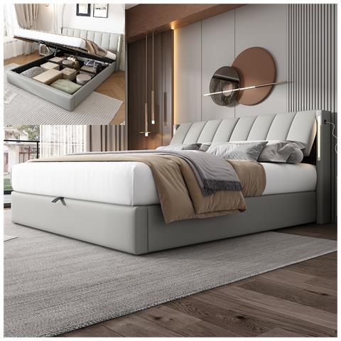 Letto Contenitore  160 X 200 Cm, Letto Idraulico, Con Illuminazione A Led, Con Vano Contenitore, Testiera Regolabile, Pu, Grigio - Foto 1