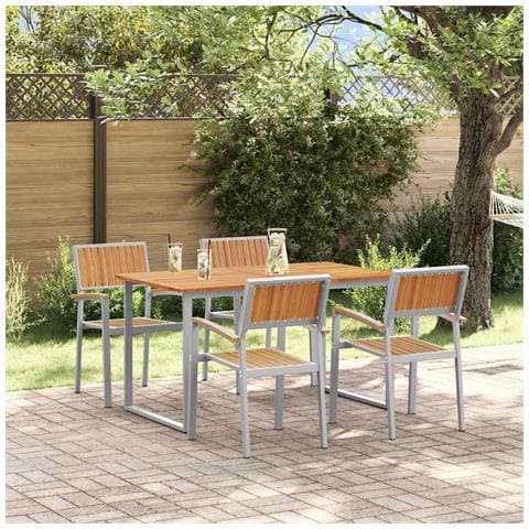 Set da Pranzo da Giardino 5 Pezzi Grigio in Acciaio e Legno Massello di Acacia - Foto 2