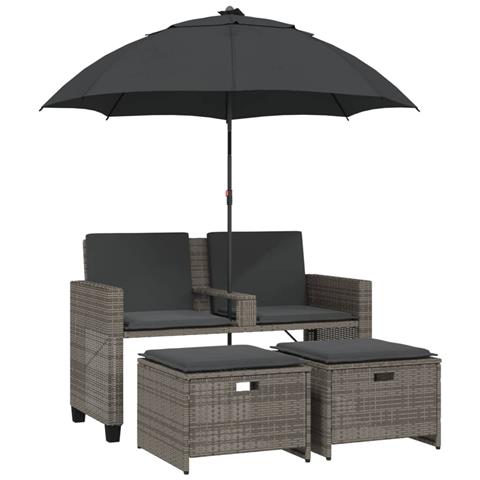 Divano Giardino 2Posti Ombrellone e Sgabelli Grigio Polyrattan - Foto 1