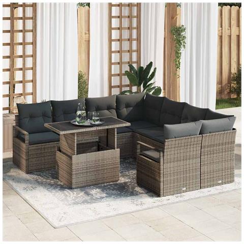 Set Divano Giardino 9 Pezzi con Cuscini Grigio Polyrattan,  Divano Giardino per Due Persone con Cuscini Grigio Polyrattan - Foto 2