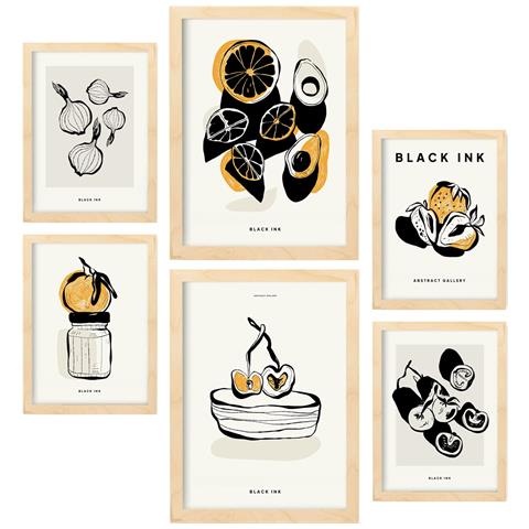 Set Di 6 Stampe Artistiche E Astratte Per L'interior Design Con Inchiostro Nero A3 & A4 Telaio In Legno Chiaro - Foto 1