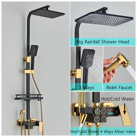 Colonna doccia, Blackswan, tipo M135, modello regolabile nero /oro, con bocca girevole, doccia ad alta pressione e display digitale, dimensione 120 cm - Foto 2