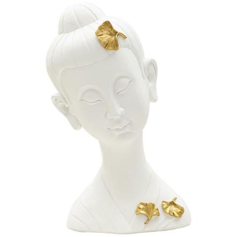 Scultura Testa Buddha Femminile In Resina Bianca Con Dettagli Foglie D'oro - Foto 1