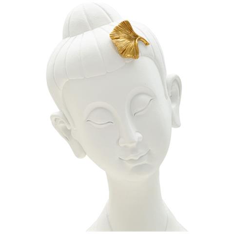 Scultura Testa Buddha Femminile In Resina Bianca Con Dettagli Foglie D'oro - Foto 2