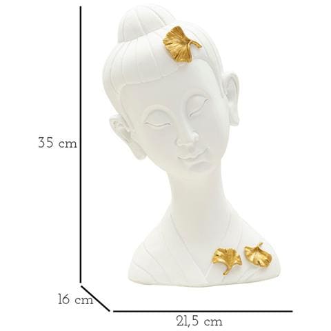 Scultura Testa Buddha Femminile In Resina Bianca Con Dettagli Foglie D'oro - Foto 7