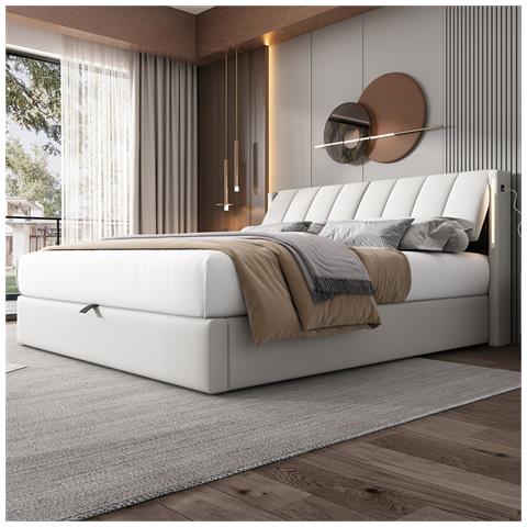 Letto Contenitore  160 X 200 Cm, Letto Idraulico, Con Illuminazione A Led, Con Vano Contenitore, Testata Regolabile, Pu, Bianco - Foto 1