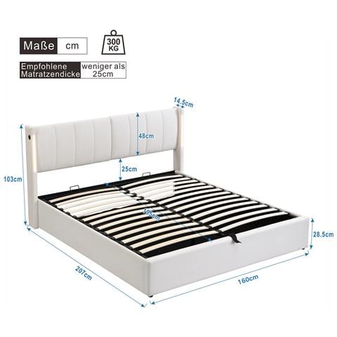 Letto Contenitore  160 X 200 Cm, Letto Idraulico, Con Illuminazione A Led, Con Vano Contenitore, Testata Regolabile, Pu, Bianco - Foto 4