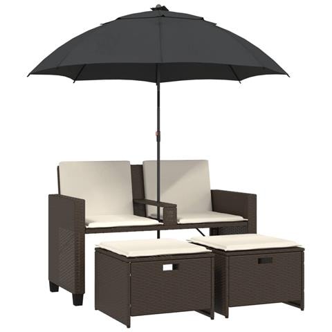 Divano Giardino 2Posti Ombrellone e Sgabelli Marrone Polyrattan - Foto 1
