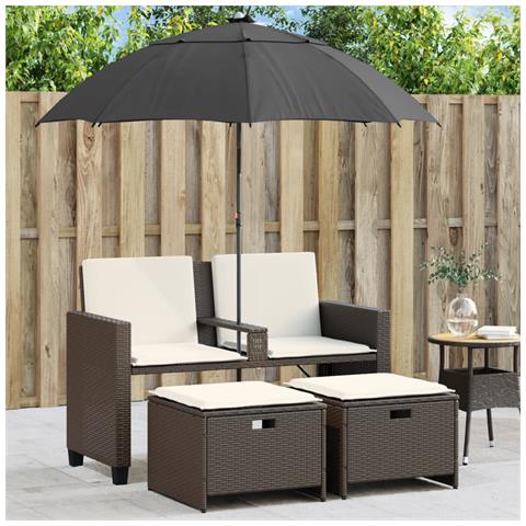 Divano Giardino 2Posti Ombrellone e Sgabelli Marrone Polyrattan - Foto 2