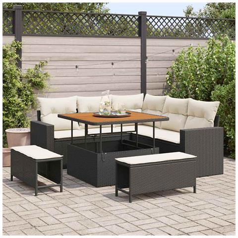 Set di Divani da Giardino a 8 Pezzi con Cuscini Nero Rattan Poliacacia, Set da Pranzo da Giardino a 3 Pezzi con Cuscini Nero Rattan Poliacacia - Foto 2