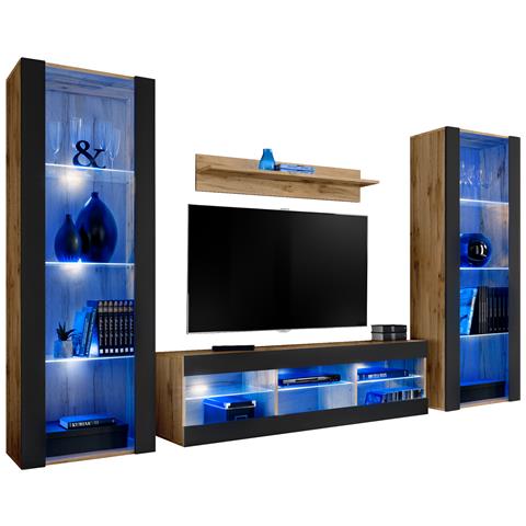 Komodee, Set di mobili porta TV Tivoli Grande RTV, Wotan Nero, LED Blu, Larghezza 250 cm x Altezza 159 cm x Profondità 35 cm, Per soggiorno, Camera da letto - Foto 1