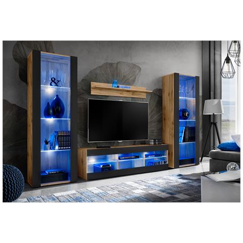 Komodee, Set di mobili porta TV Tivoli Grande RTV, Wotan Nero, LED Blu, Larghezza 250 cm x Altezza 159 cm x Profondità 35 cm, Per soggiorno, Camera da letto - Foto 2