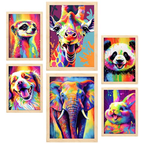 Set Di 6 Stampe Animali Amichevoli In Formato Ritratto, Illustrazioni Vivaci In Stile Acquerello Di Animali Sorridenti A3 & A4 Telaio In Legno Chiaro - Foto 1